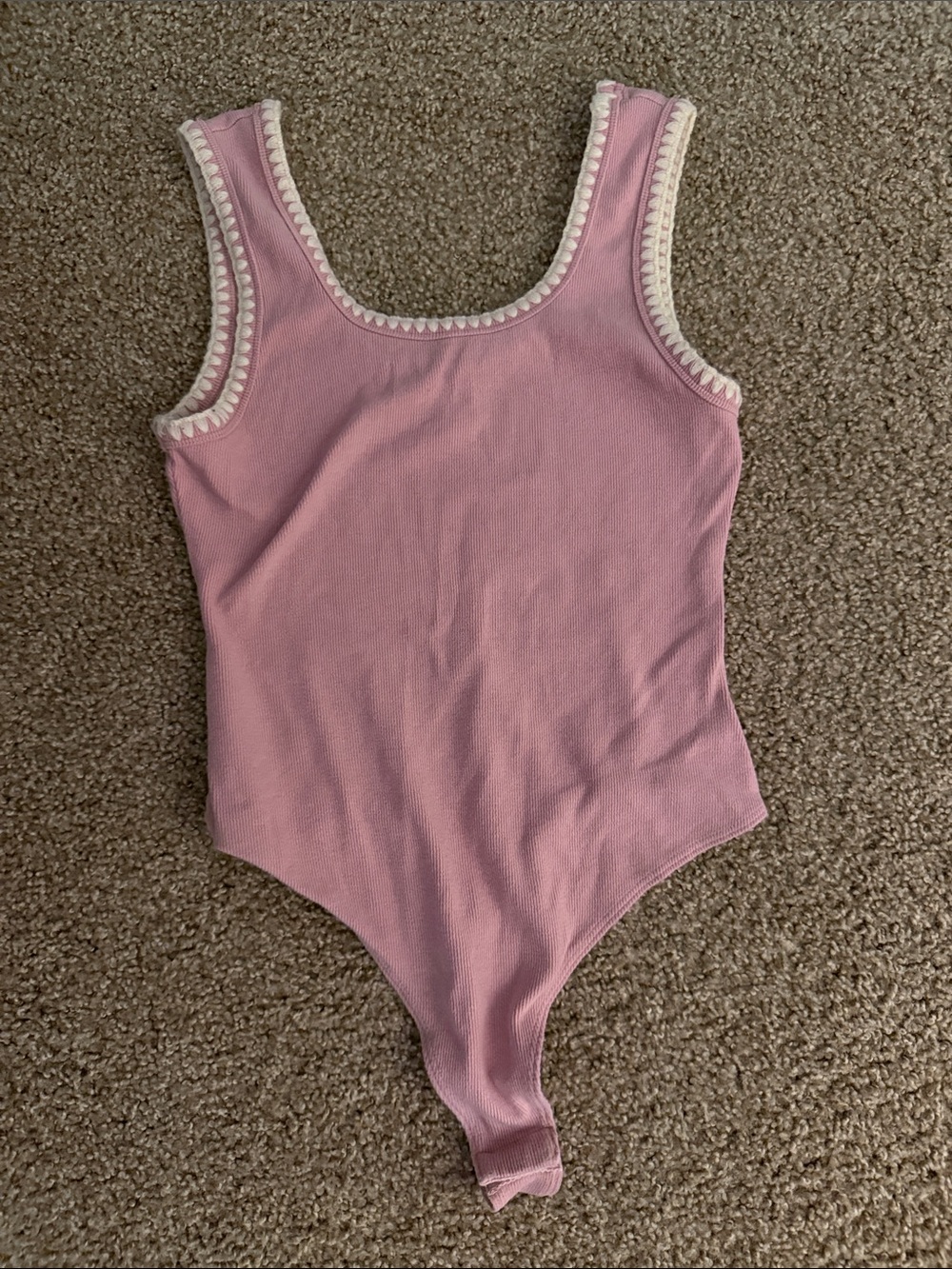 Le Lis Dusty Pink Ribbed Bodysuit with Cream Crochet Trim